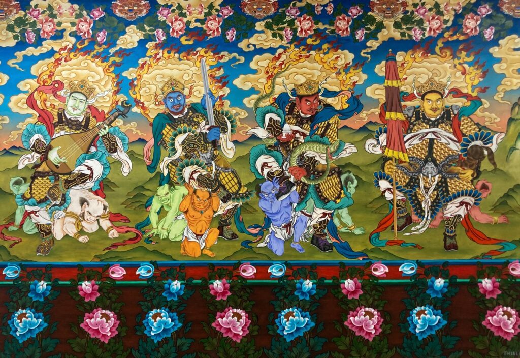 Pintura del budismo tántrico que representa deidades o guardianes con gran detalle