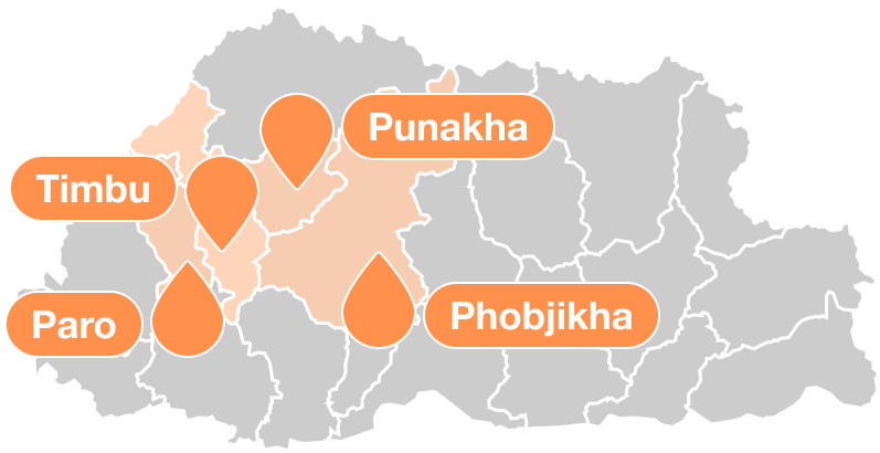 Mapa de Butan con cuatro de sus distritos mas emblematicos, Paro, Timbu, Punakha y Phobjikha